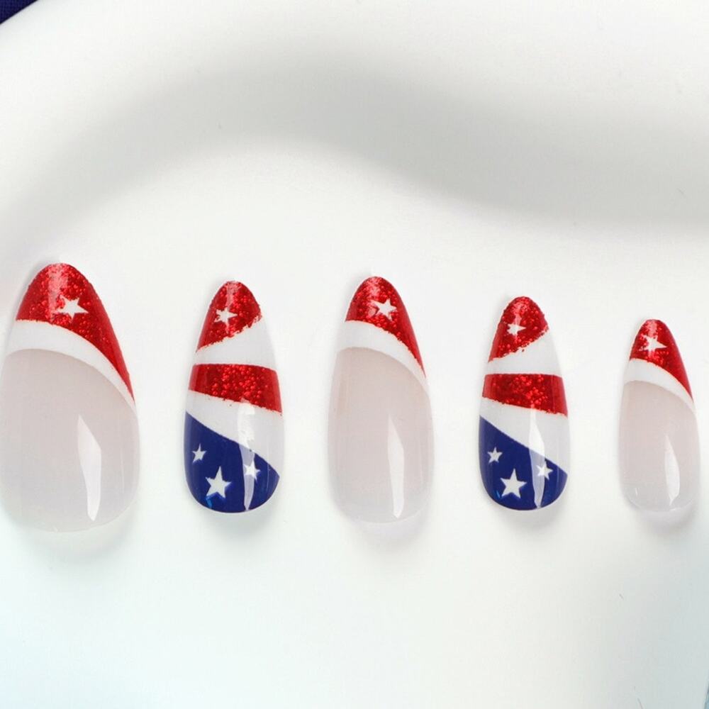 Red White Blue Patriotic American Flag Set of 24 Press On Nails - Picture 3 of 5